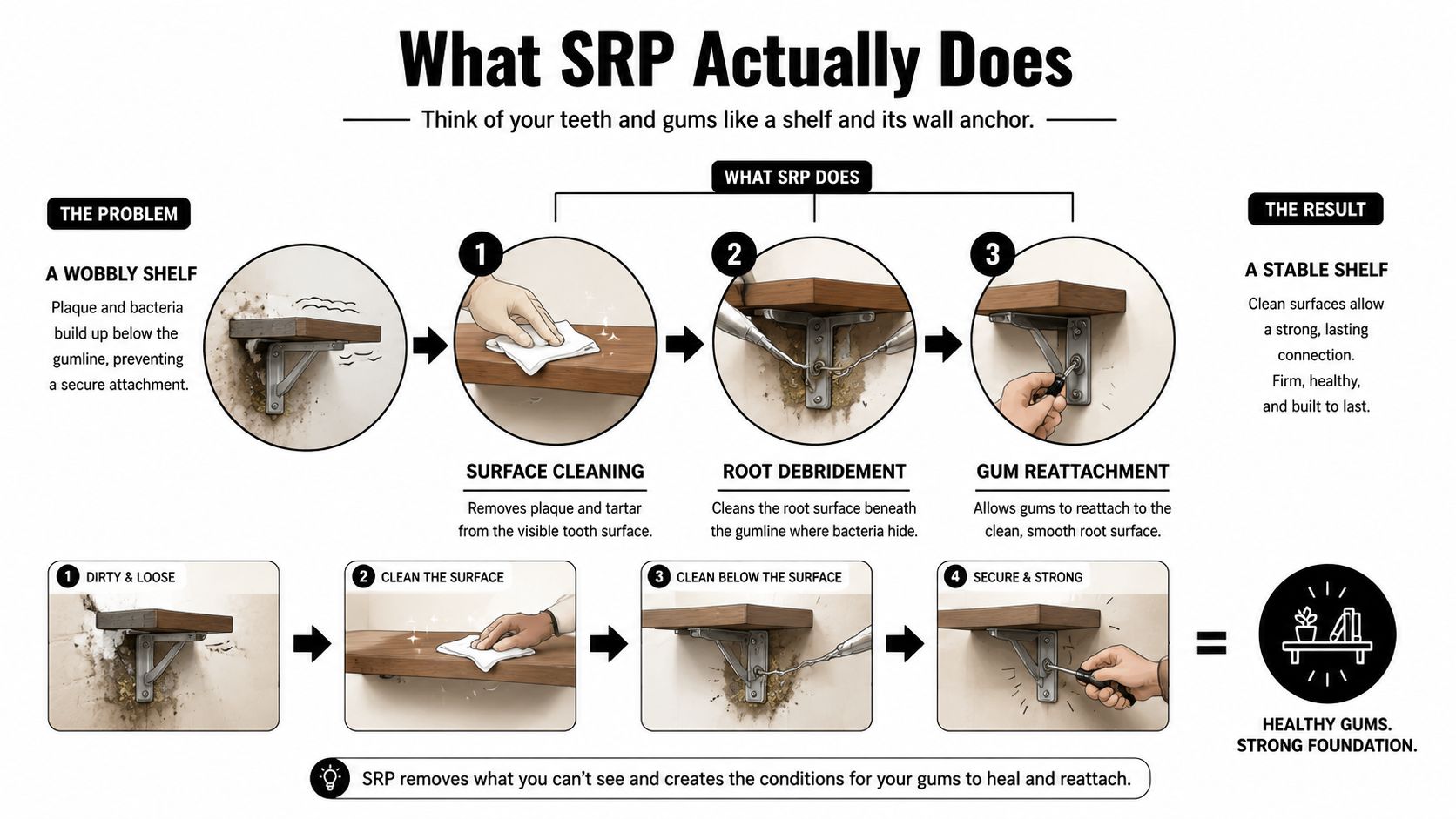 An infographic explaining dental scaling and root planing using a shelf and wall anchor analogy.