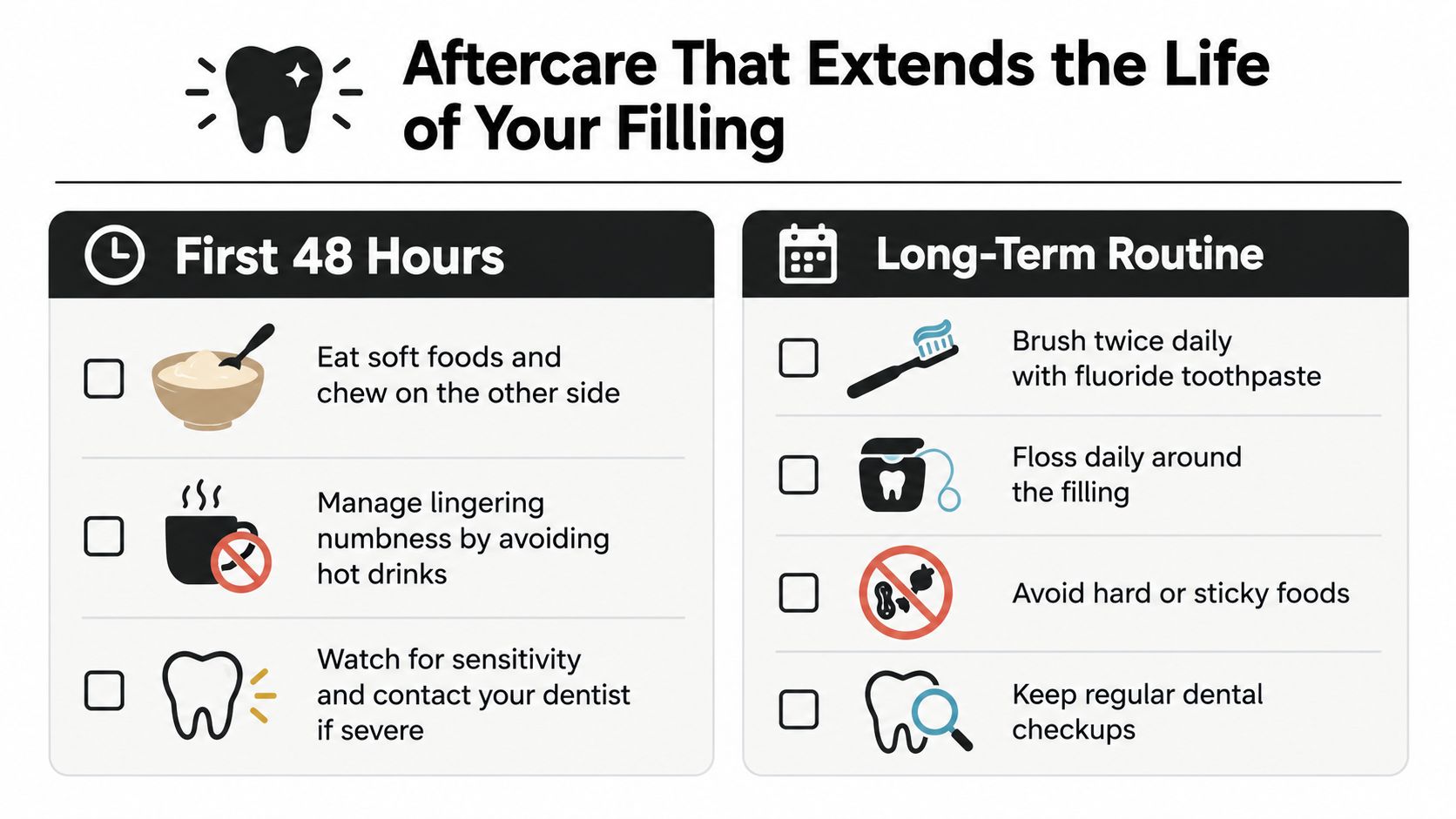 An infographic detailing essential aftercare tips to extend the lifespan of a permanent dental filling.