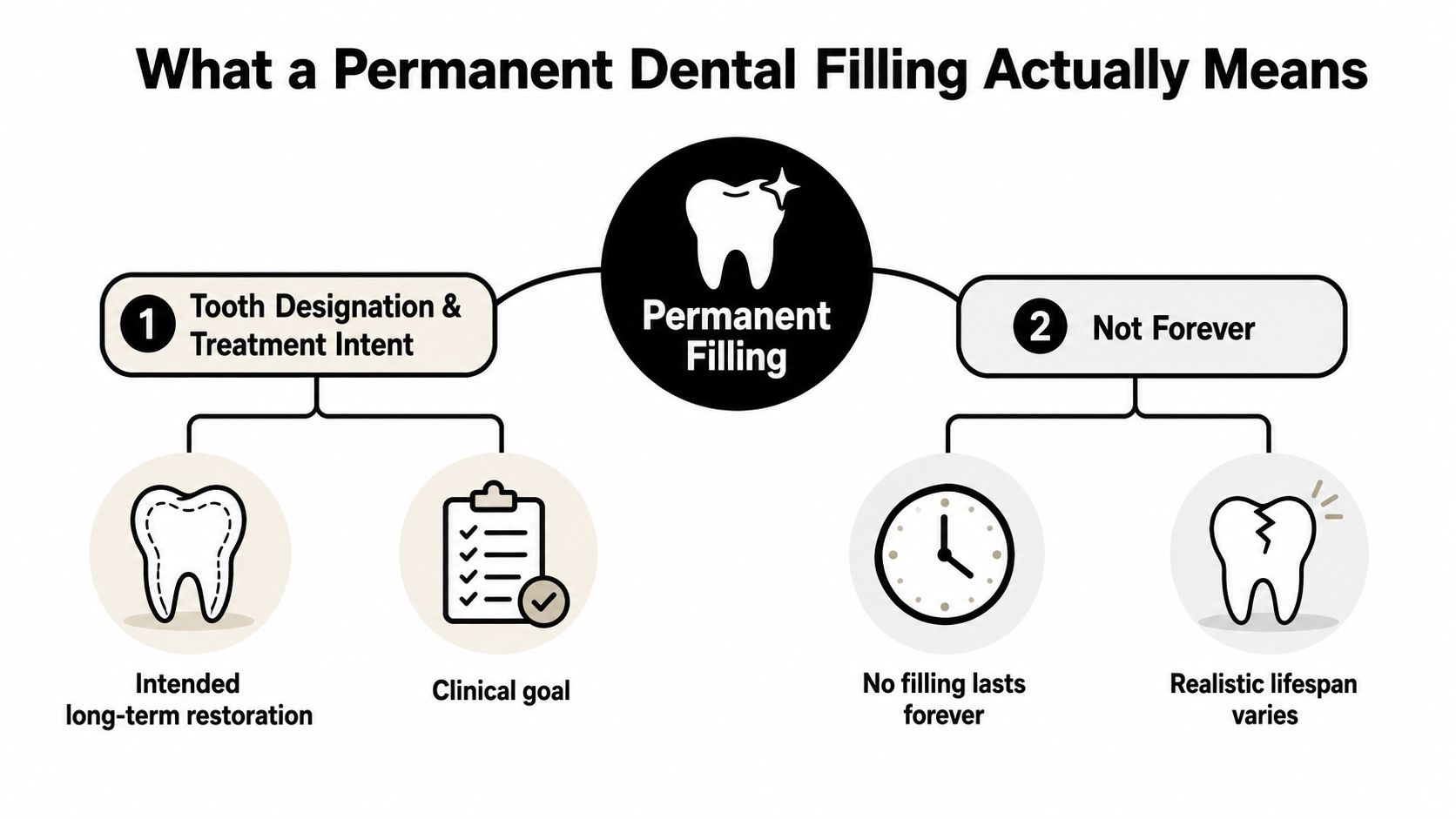 A diagram explaining that a permanent dental filling is a long-term goal but does not last forever.