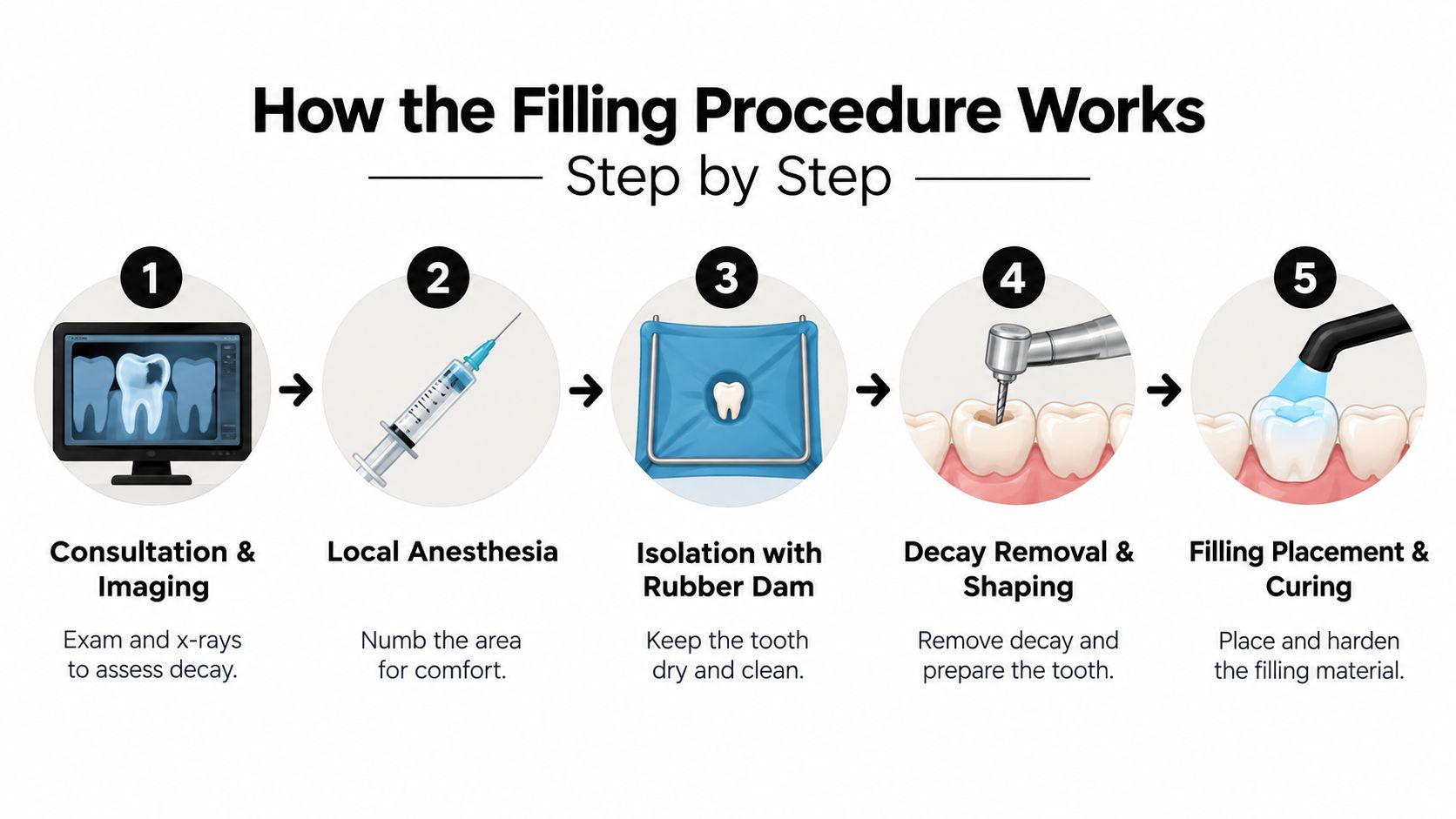 A step-by-step infographic illustrating the dental filling procedure from initial consultation to final curing.
