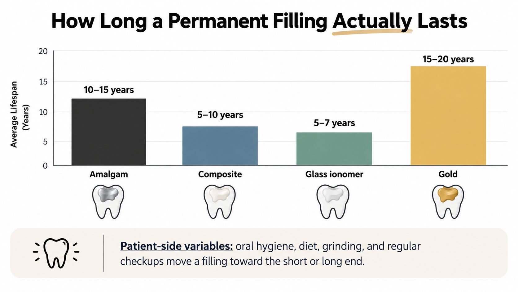A bar chart comparing the average lifespans of different types of permanent dental fillings in years.