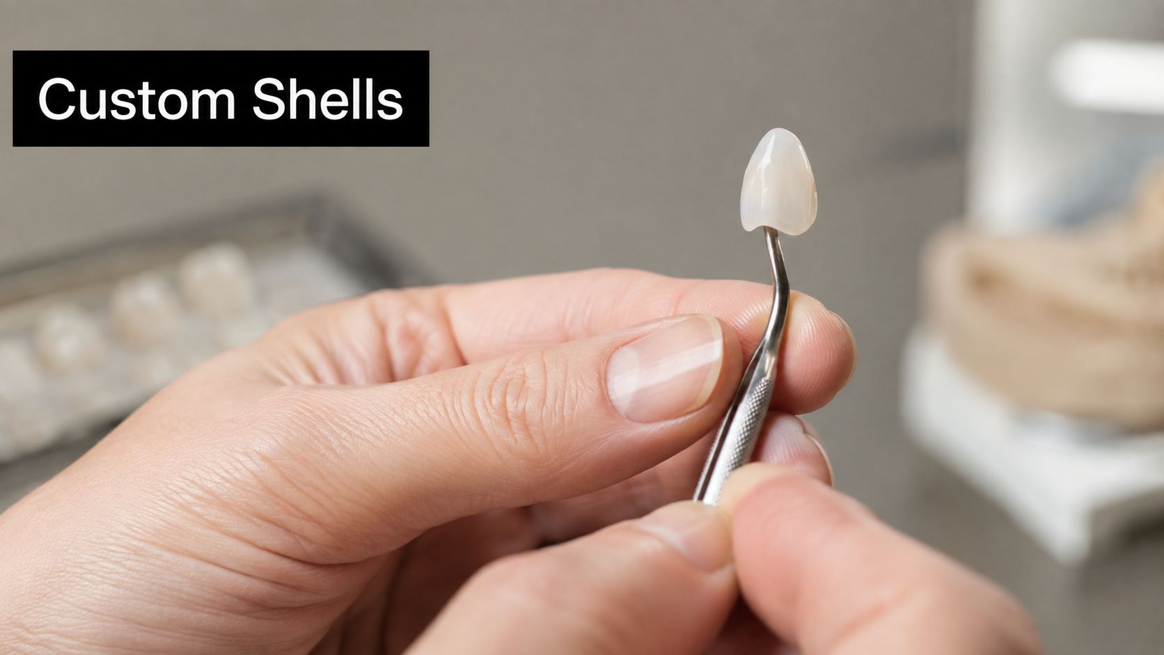 A close-up view of a dental professional holding a custom porcelain veneer shell using a metal instrument.