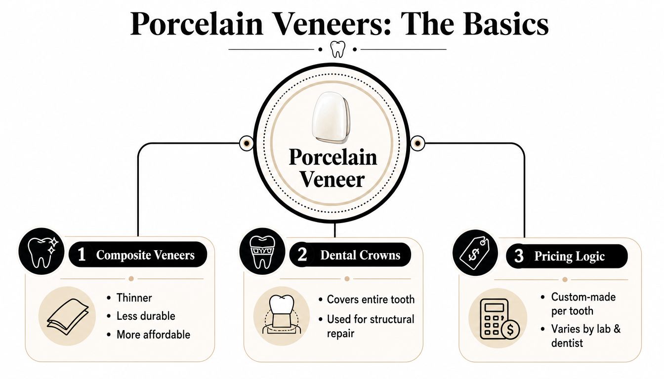 An infographic illustrating the basics of porcelain veneers including comparisons to composite veneers and dental crowns.