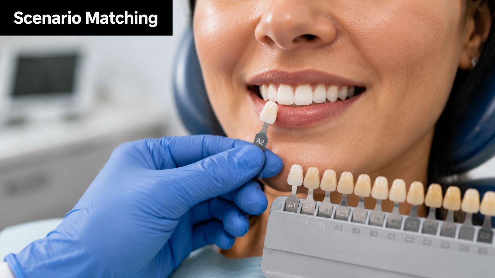 A dentist wearing blue gloves holding a tooth shade guide near a patient's smile for color matching.