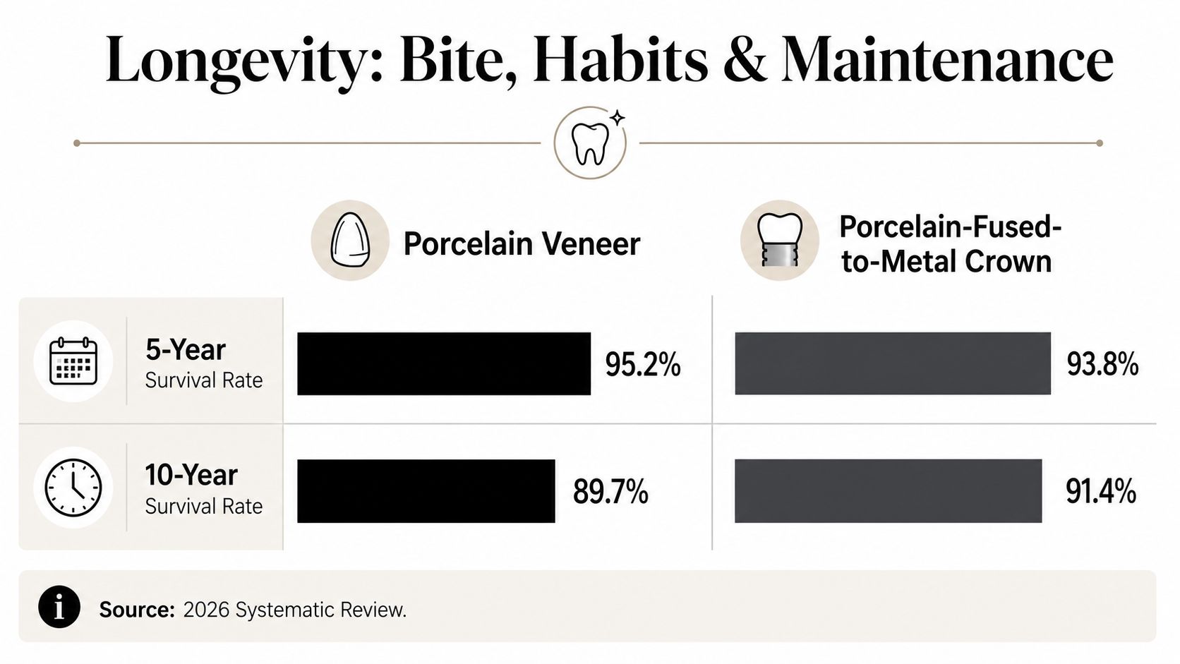 A chart comparing the 5-year and 10-year survival rates of porcelain veneers and porcelain-fused-to-metal crowns.