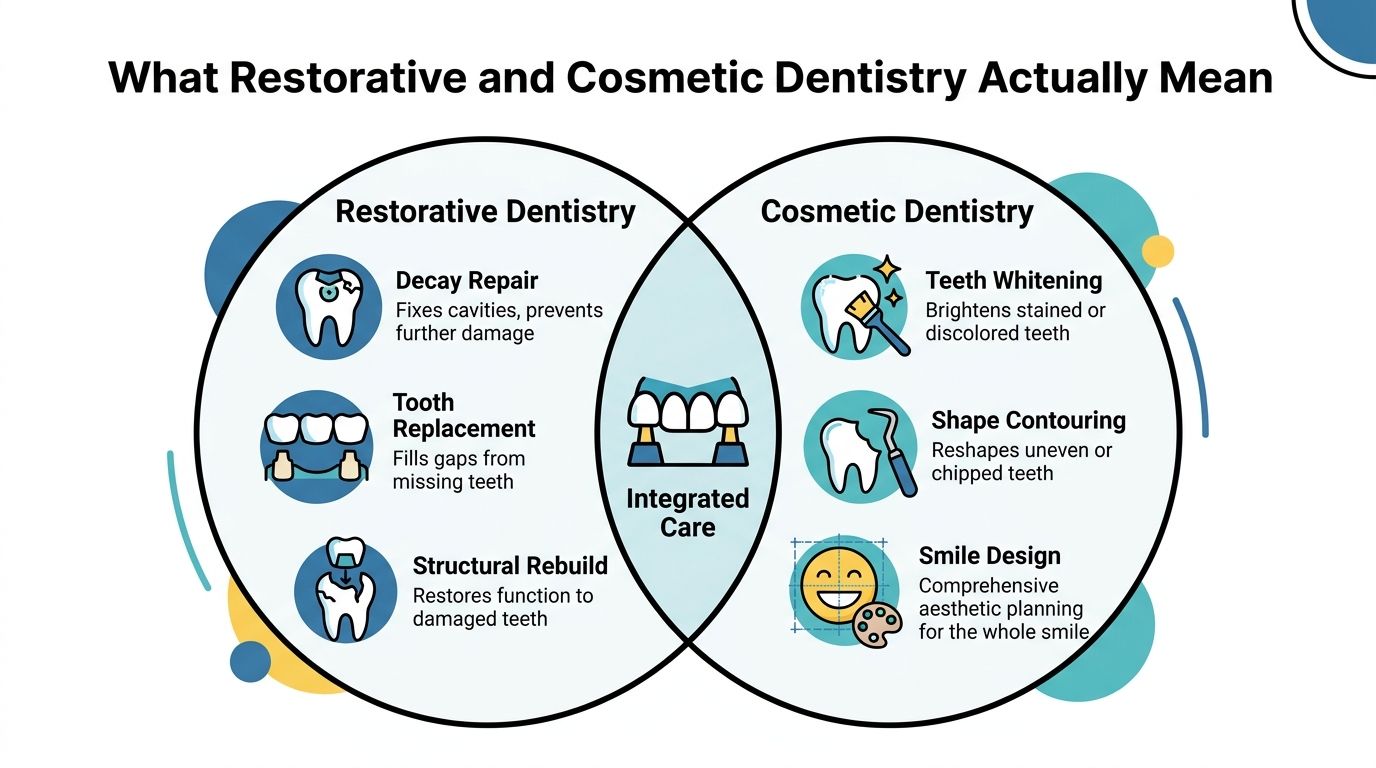 A Venn diagram comparing restorative and cosmetic dentistry, showing how they overlap through integrated care.