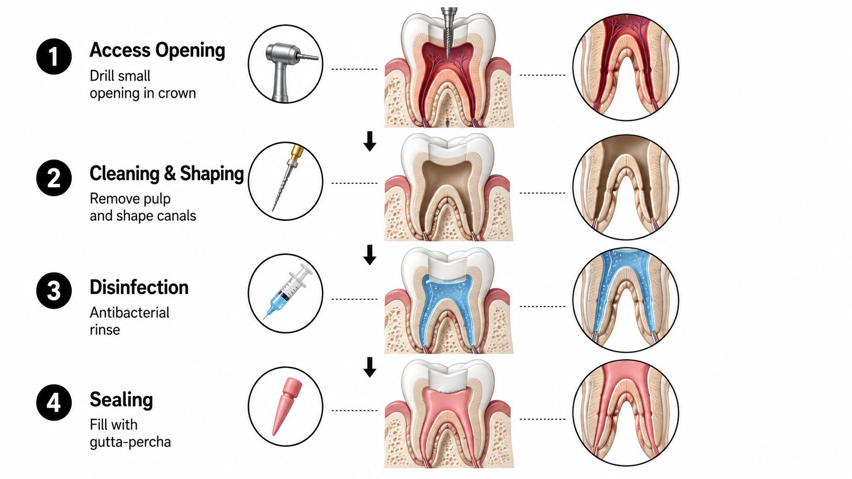 A four-step medical illustration showing the professional process of a root canal dental treatment procedure.