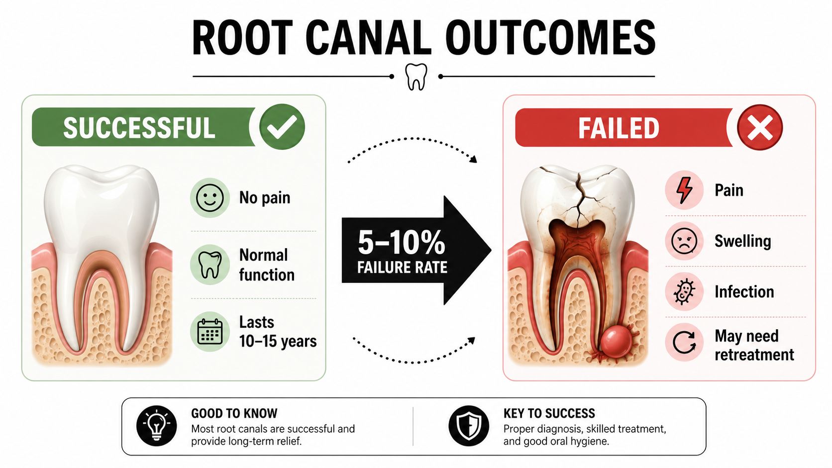 An infographic showing root canal outcomes, highlighting success indicators versus common failure symptoms and rates.