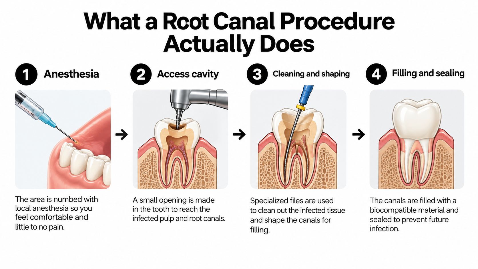 A four-step infographic illustrating the root canal procedure, including anesthesia, accessing the cavity, cleaning, and final sealing.