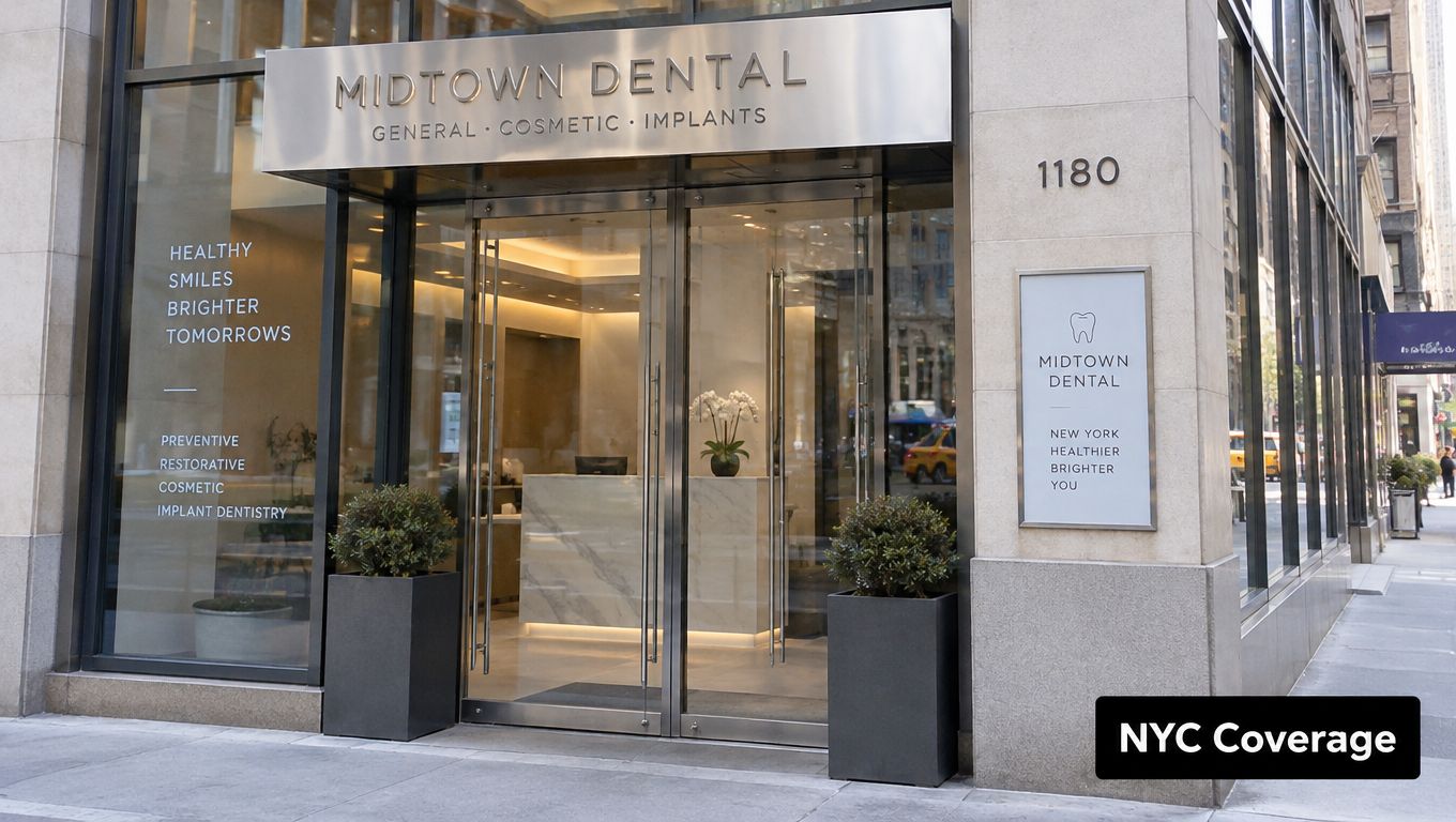 The entrance to Midtown Dental office in New York City with a modern glass storefront and signage.