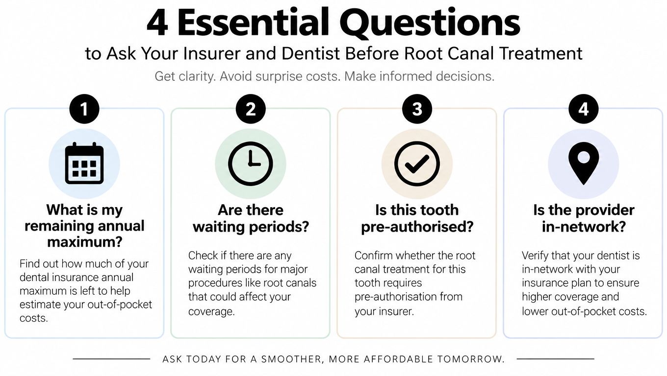 An infographic titled 4 Essential Questions to Ask Your Insurer and Dentist Before Root Canal Treatment.