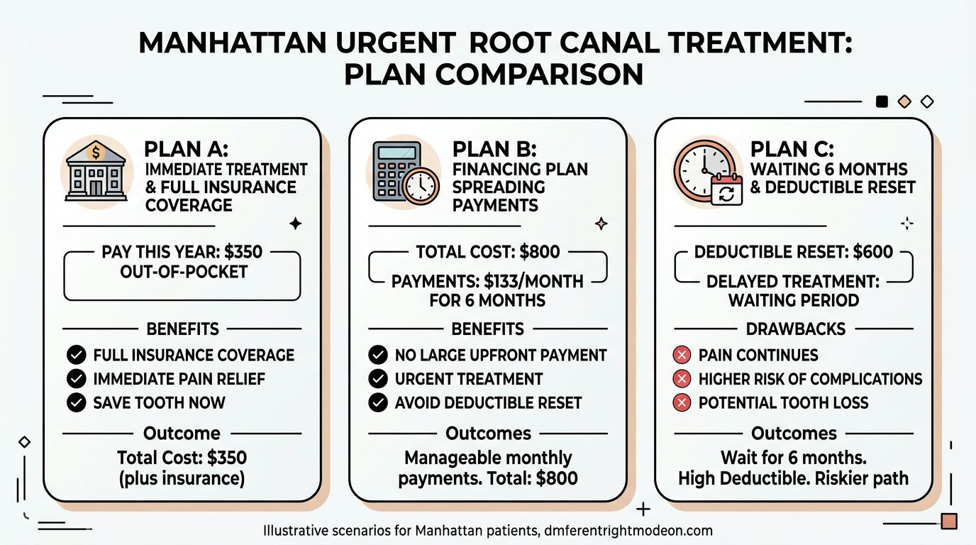 A comparison chart outlining costs, benefits, and drawbacks for three different root canal treatment payment plans.
