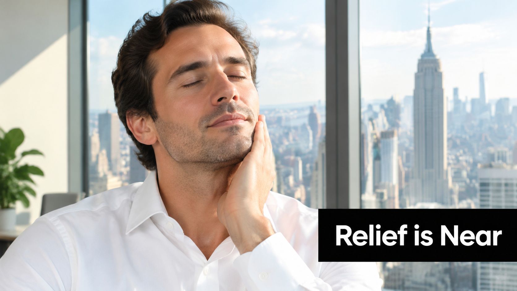 A man in a white shirt touches his cheek with relief against a city skyline backdrop.