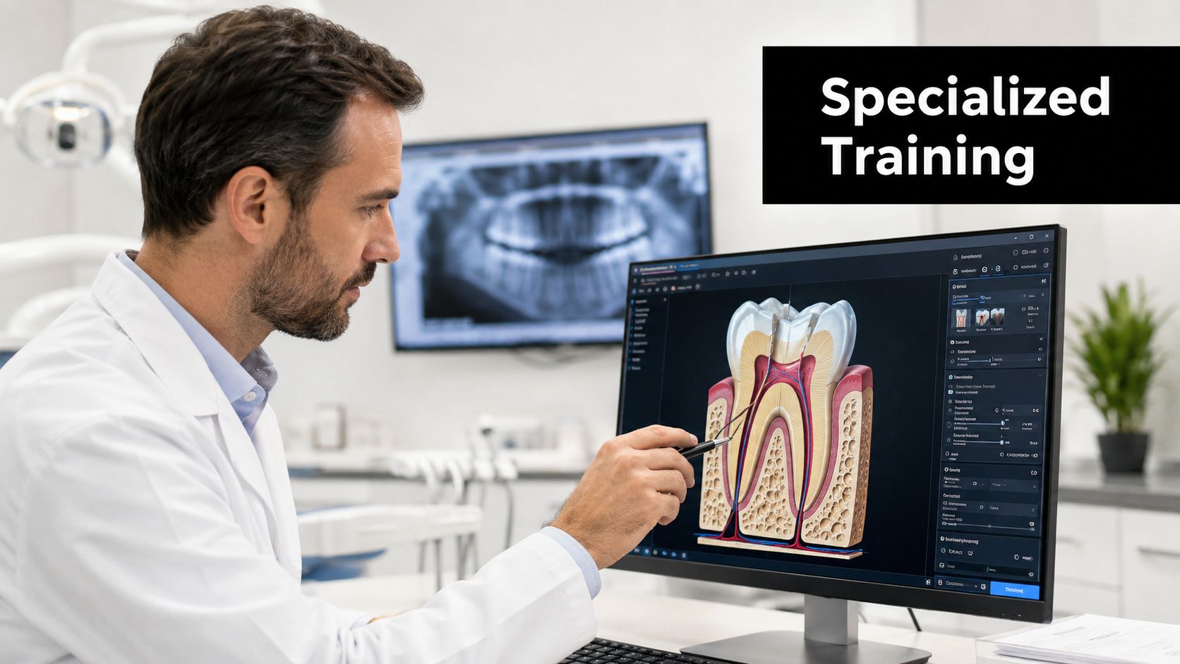 A dentist reviewing a digital cross-section image of a human tooth on a computer monitor in an office.