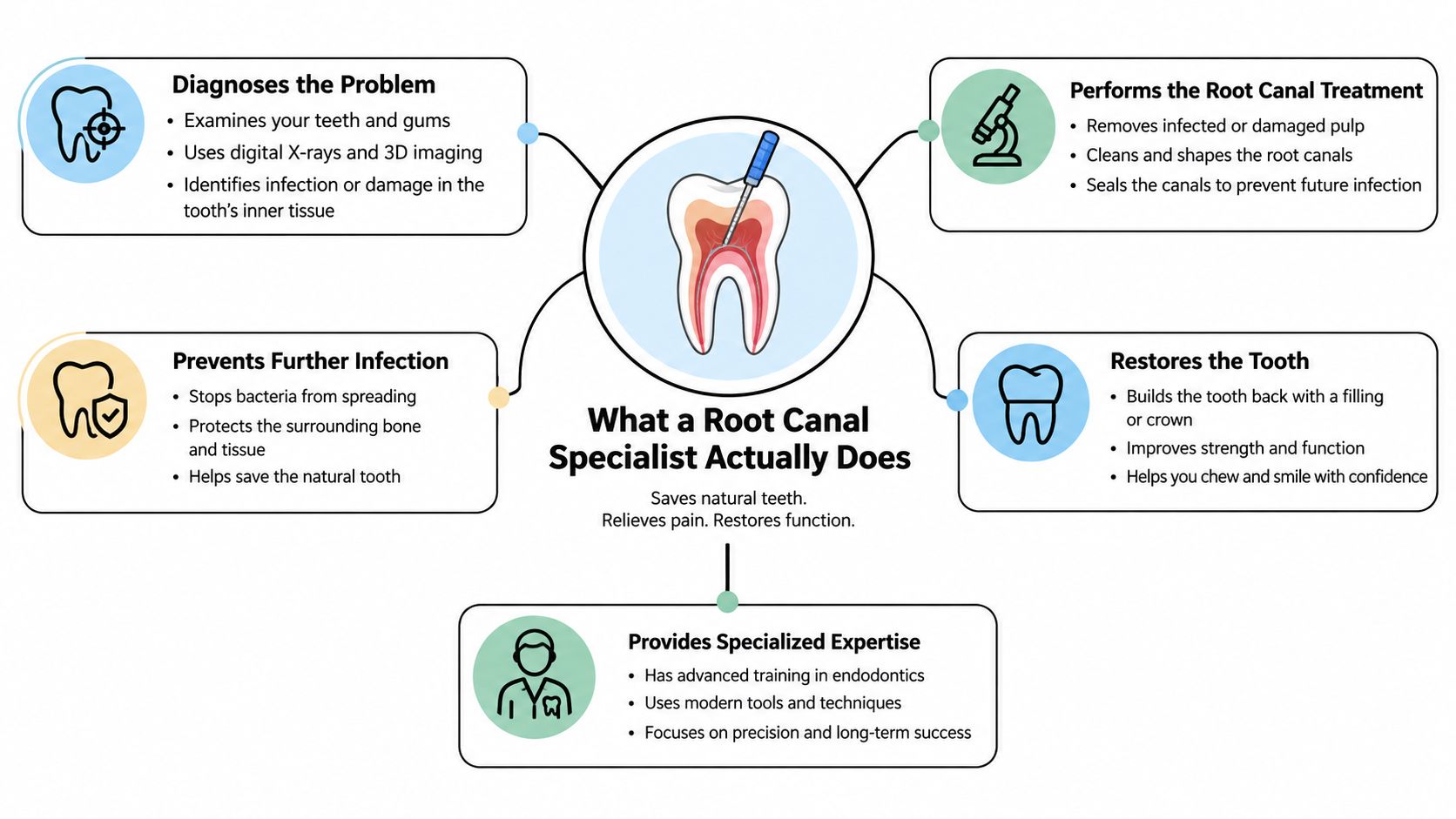 An infographic showing the five core responsibilities of a root canal specialist in dental care procedures.