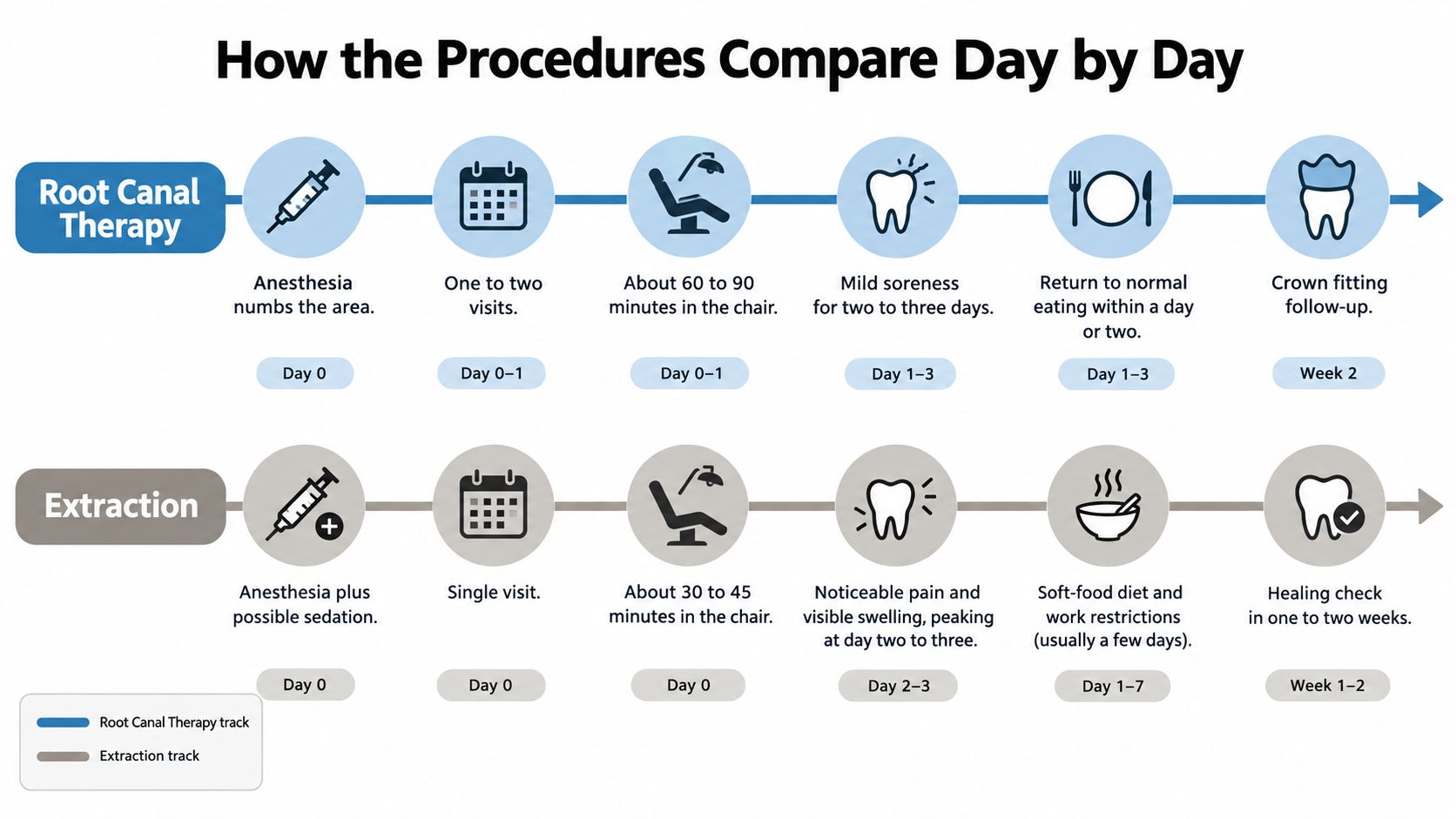 A comparison infographic showing the step-by-step procedures, timelines, and recovery processes for root canals versus dental extractions.