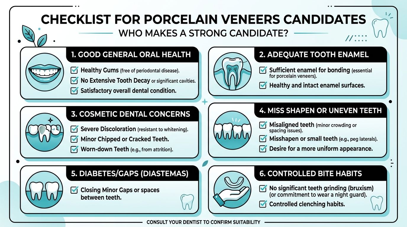 An infographic checklist outlining the essential qualifications and dental criteria for individuals considering porcelain veneers treatment.