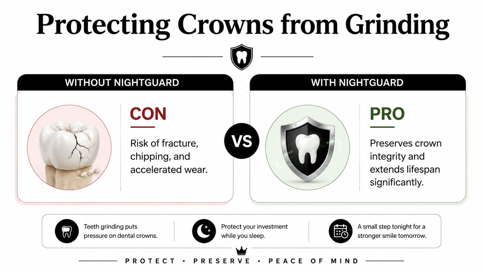 A dental infographic showing the benefits of wearing a nightguard to protect dental crowns from grinding.