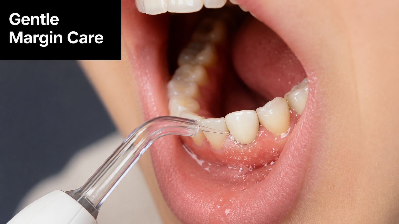 A close-up of a person using a water flosser for gentle dental care on their gum margins.
