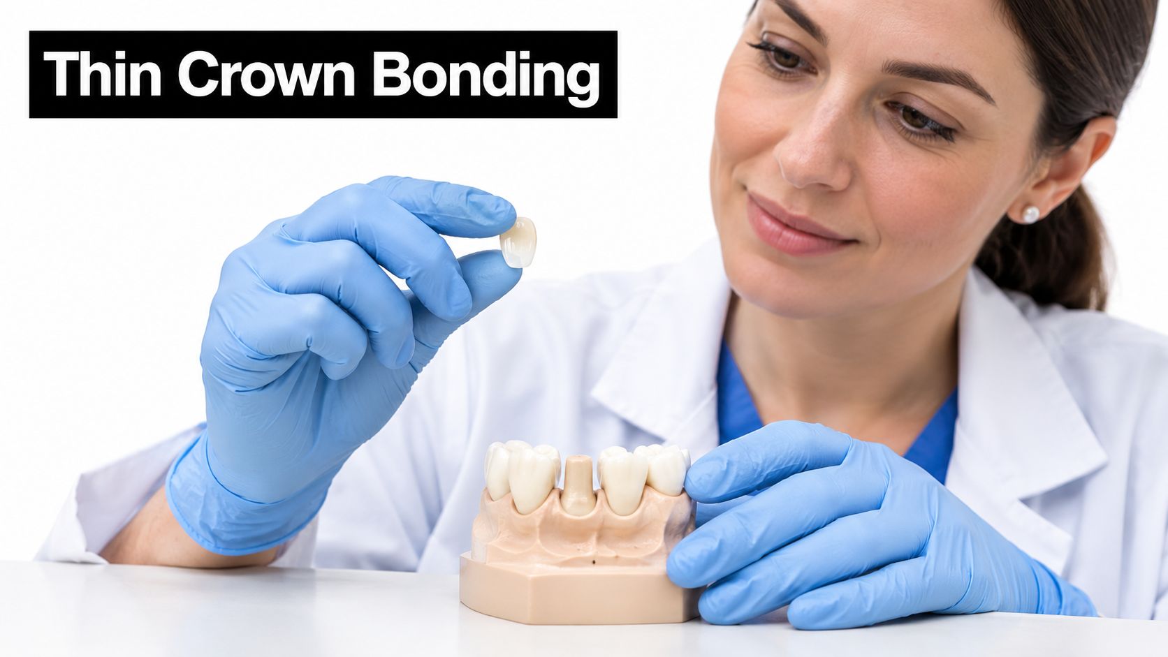 A dentist wearing blue gloves holding a dental crown above a model of a patient's teeth.