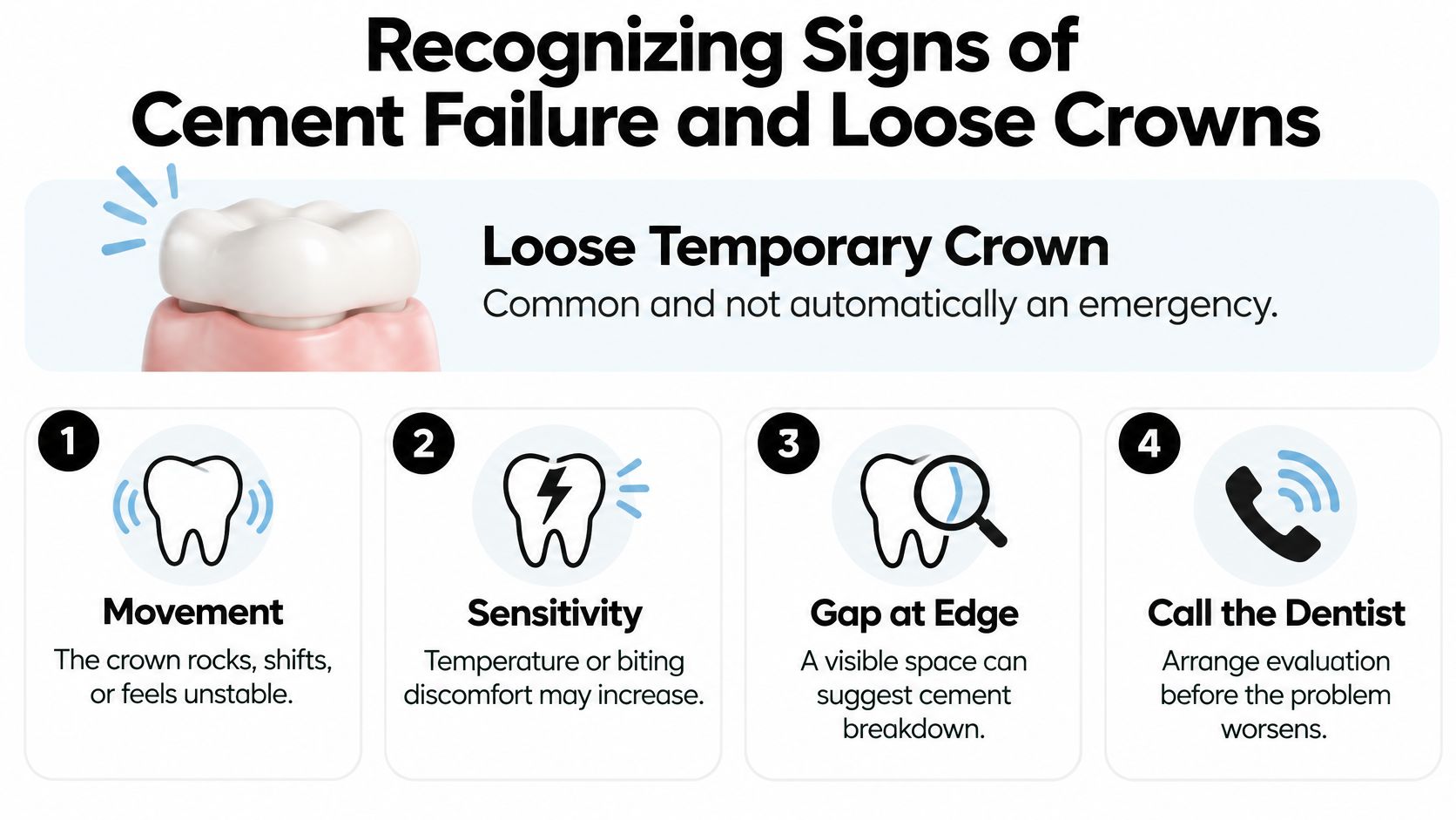 An infographic showing signs of cement failure and loose tooth crowns including movement, sensitivity, and gaps.