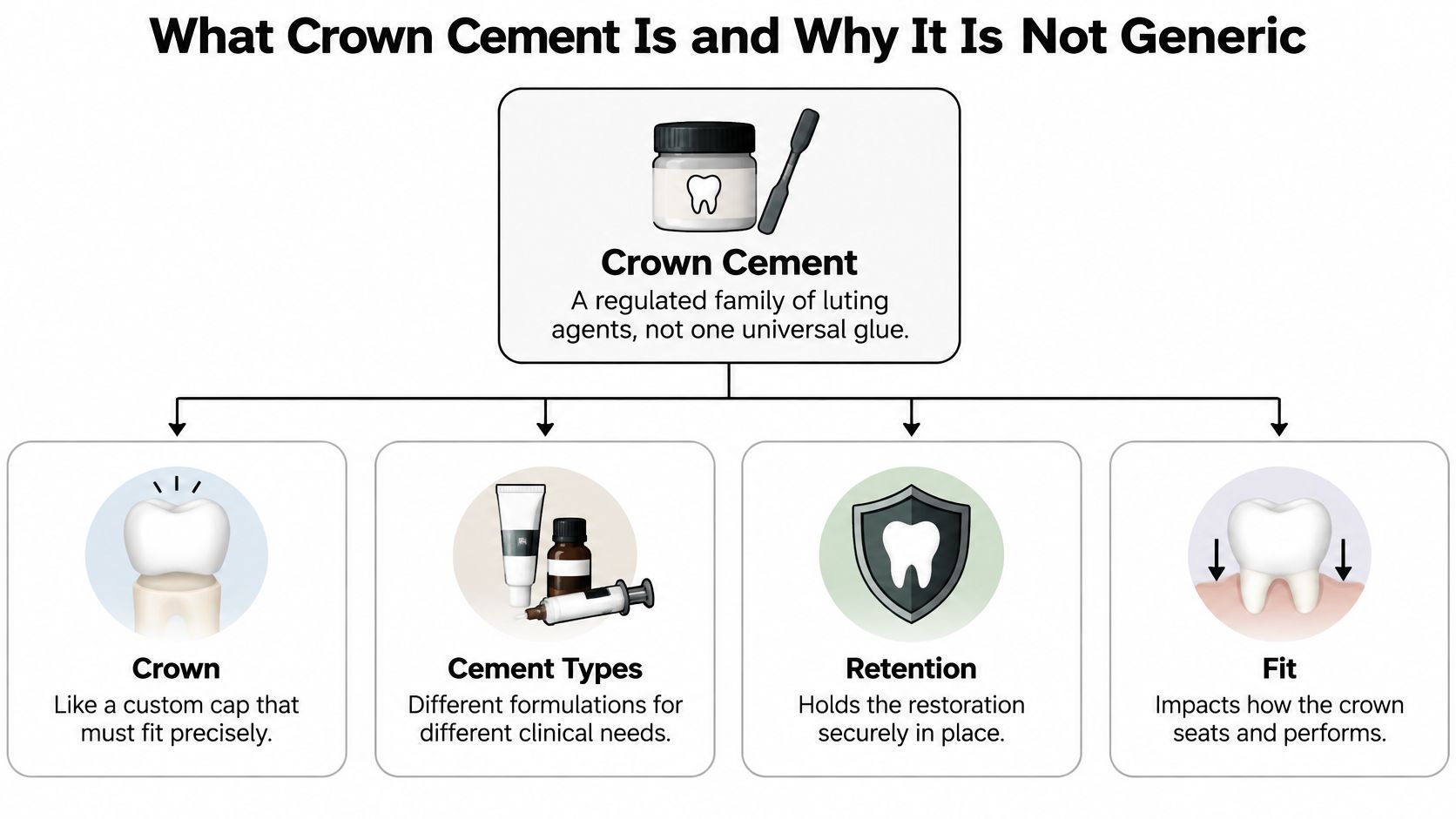 A diagram explaining that crown cement is a specialized family of luting agents rather than universal glue.