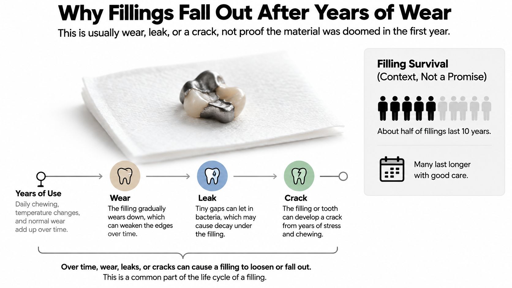 An infographic illustrating the reasons why dental fillings may fall out after years of use and wear.