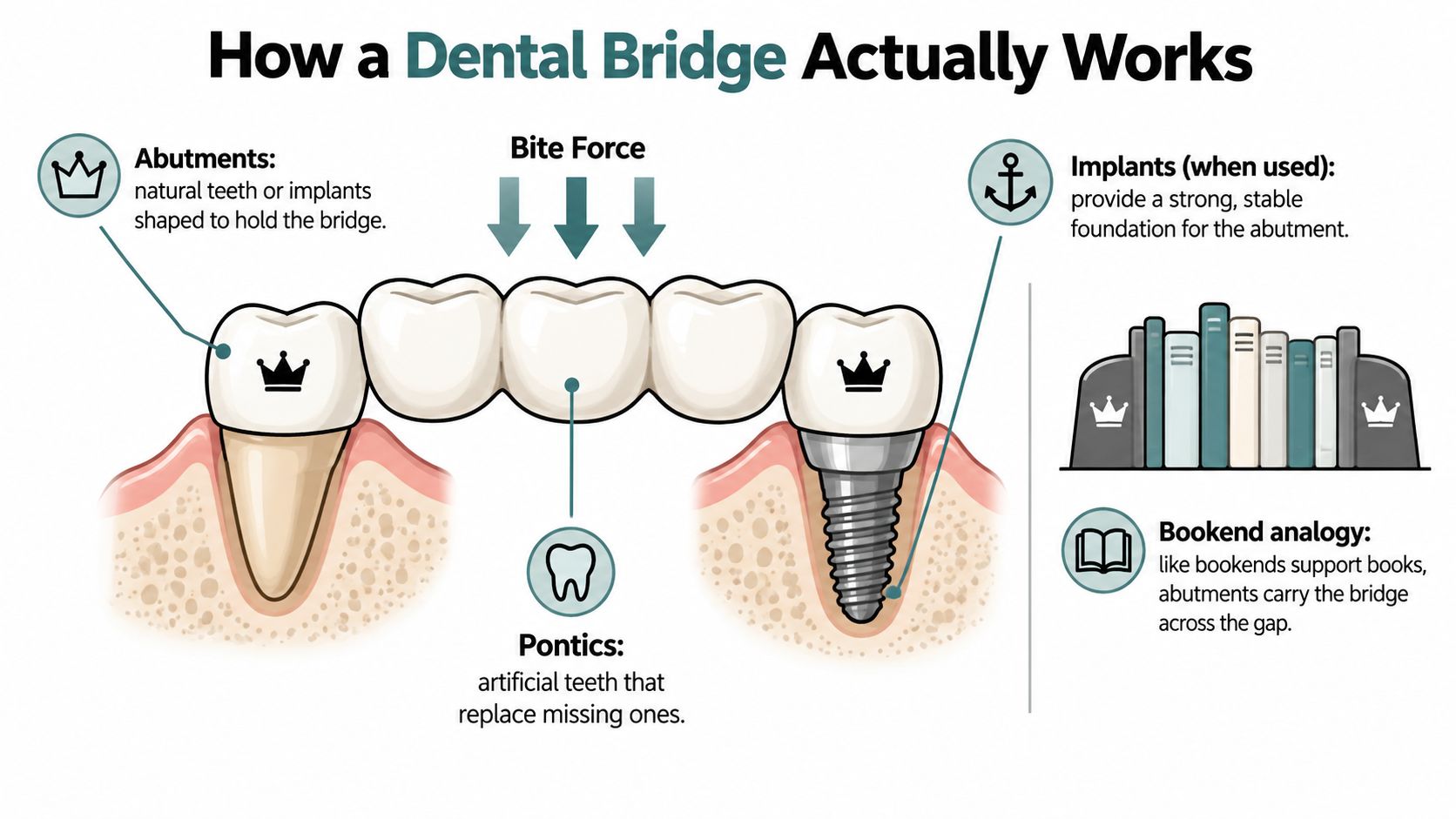 An infographic illustrating the components of a dental bridge, including abutments, pontics, and supporting implants.