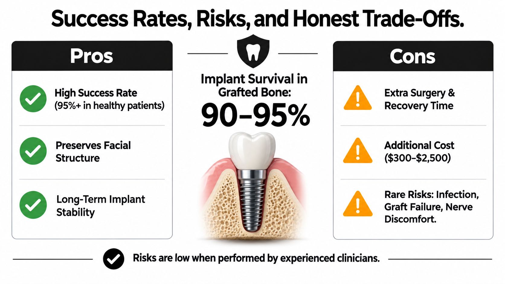 An infographic comparing the pros and cons of bone grafting for dental implants including success rates and risks.