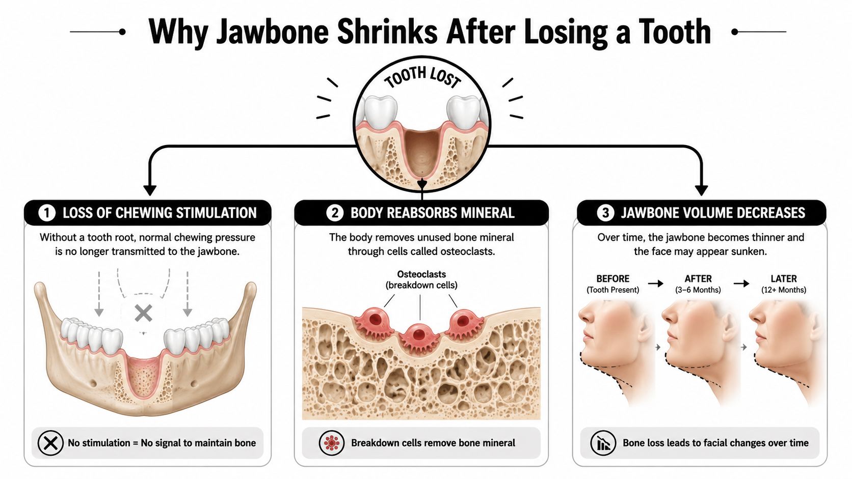 An infographic showing the biological process of jawbone shrinkage and facial changes after losing a tooth.