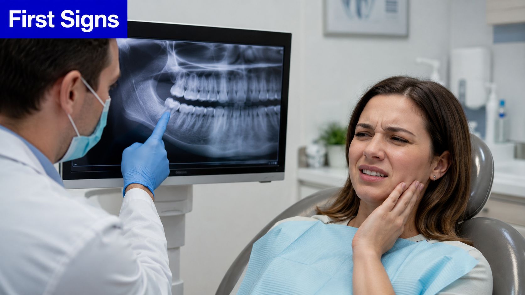 A dentist pointing at a dental X-ray on a screen while a patient clutches her painful jaw.