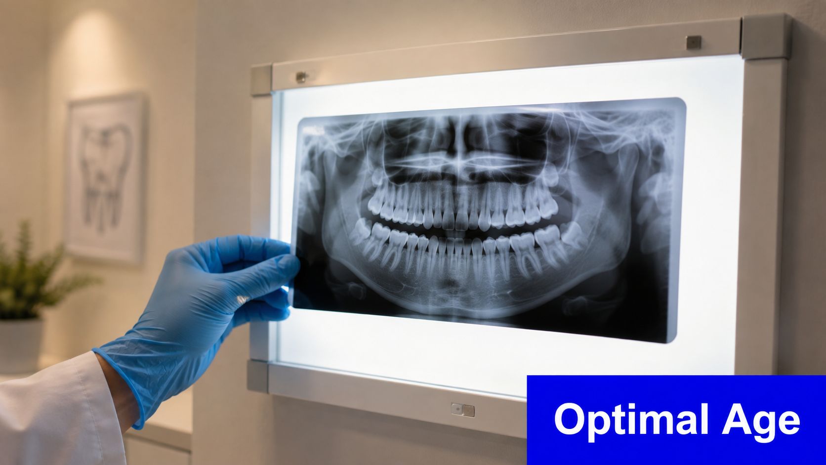 A dentist wearing blue gloves inspects a dental panoramic X-ray on an illuminated display screen in clinic.