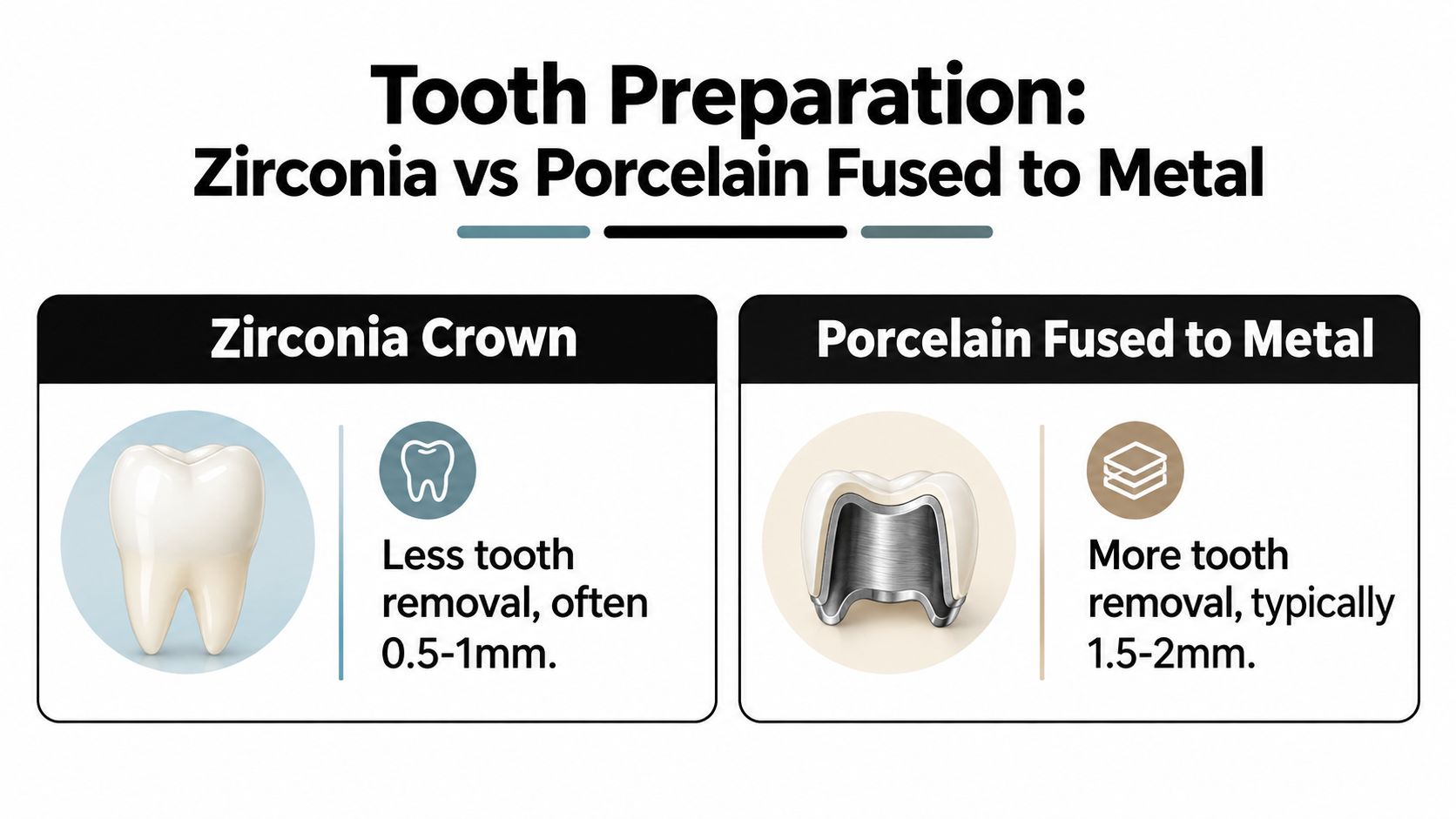 A dental comparison infographic showing less tooth preparation needed for zirconia crowns versus porcelain fused to metal.