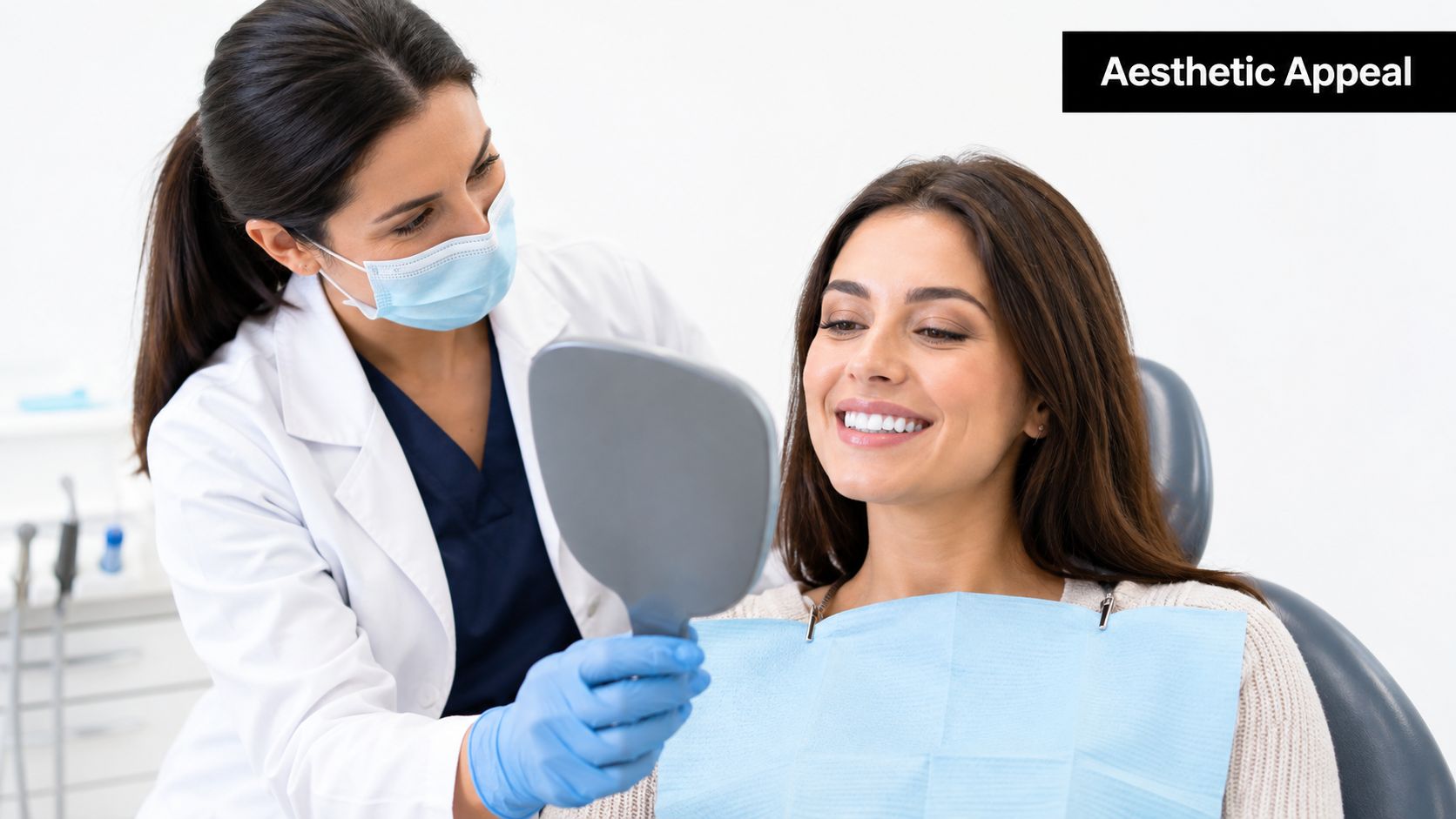 A female dentist holding a hand mirror for her smiling patient to view her new dental restoration.